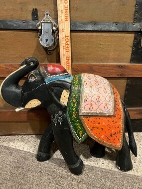 Hand-Painted Black Wooden Elephant with Orange & Green Saddle